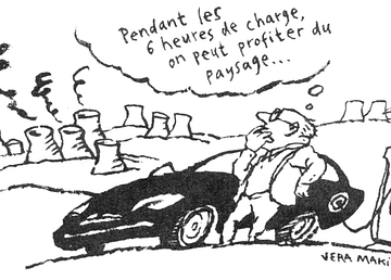 Dessin humoristique voiture électrique (Vera Makina) - Le Canard enchaîné, 17/10/2018 p.5